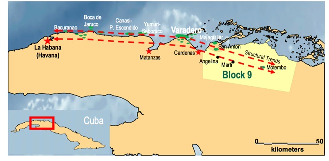 Vista general del mapa a gran escala de Cuba ilustrando la ubicación del bloque, la tendencia regional más amplia asociado con la geología y algunos de los campos de últimas tendencias ya descubiertos. Fuente MEO Australia.